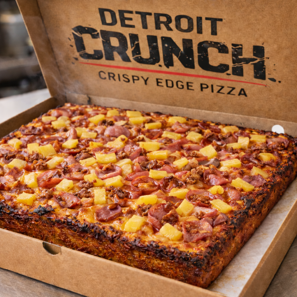 Hawaiian Crunch Slab™
Detroit Crunch pizza in a cardboard box, topped with pineapple and ham.