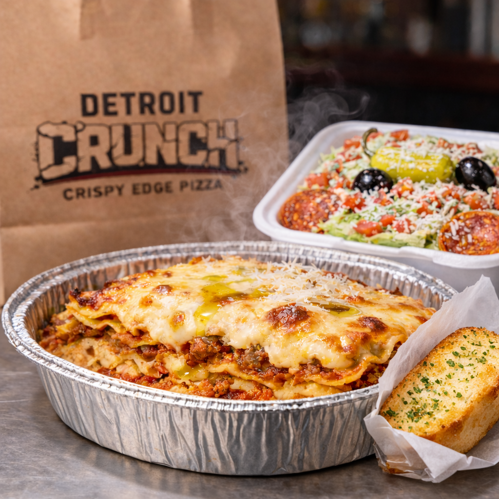 The Brickhouse Lasagna Dinner
Lasagna in foil pan with garlic bread and salad, takeout bag 