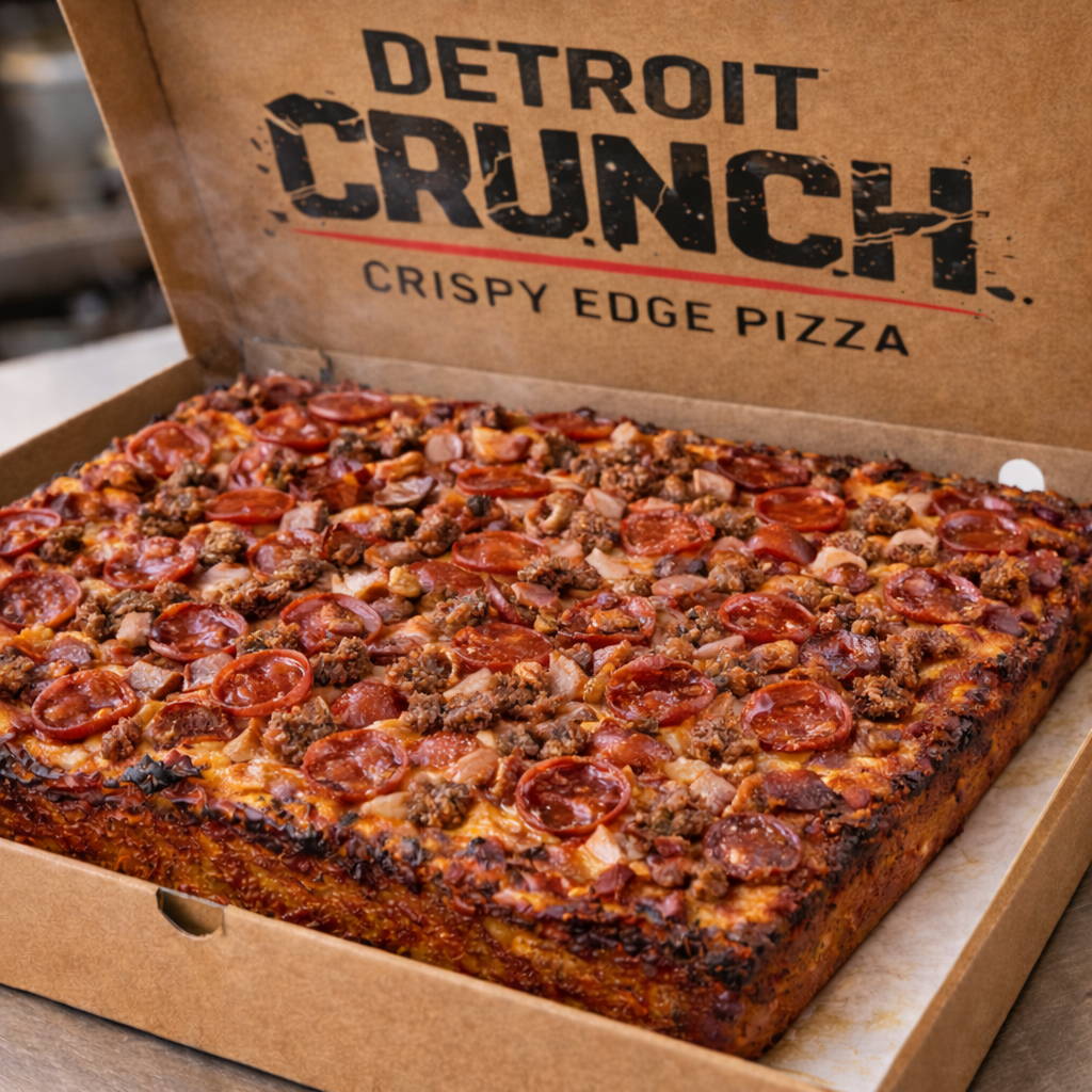 Meat Lovers Crunch Slab™
Detroit Crunch pizza in a box, with crispy edges. Topped with sauce and white drizzle.