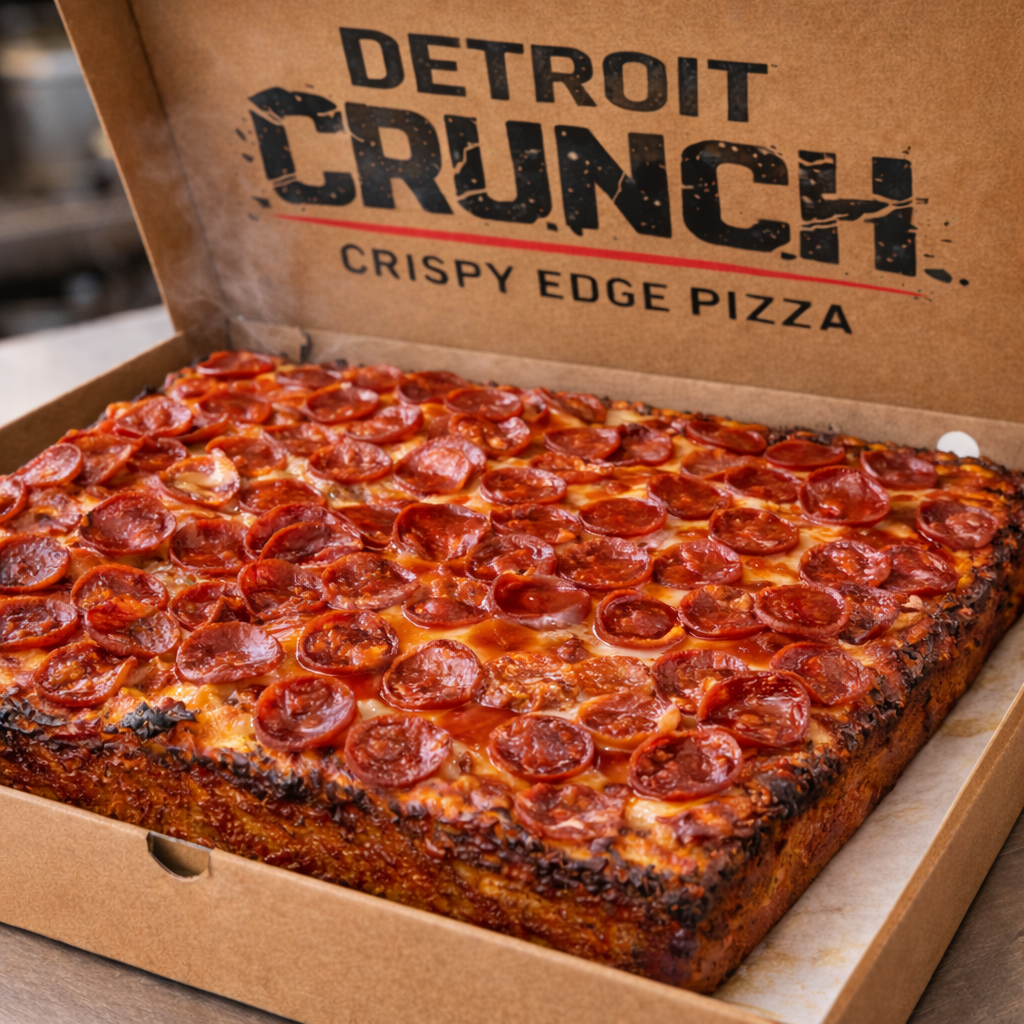 Pepperoni Lovers Crunch Slab™
Detroit-style pepperoni pizza in a cardboard box, with a crispy, browned crust.