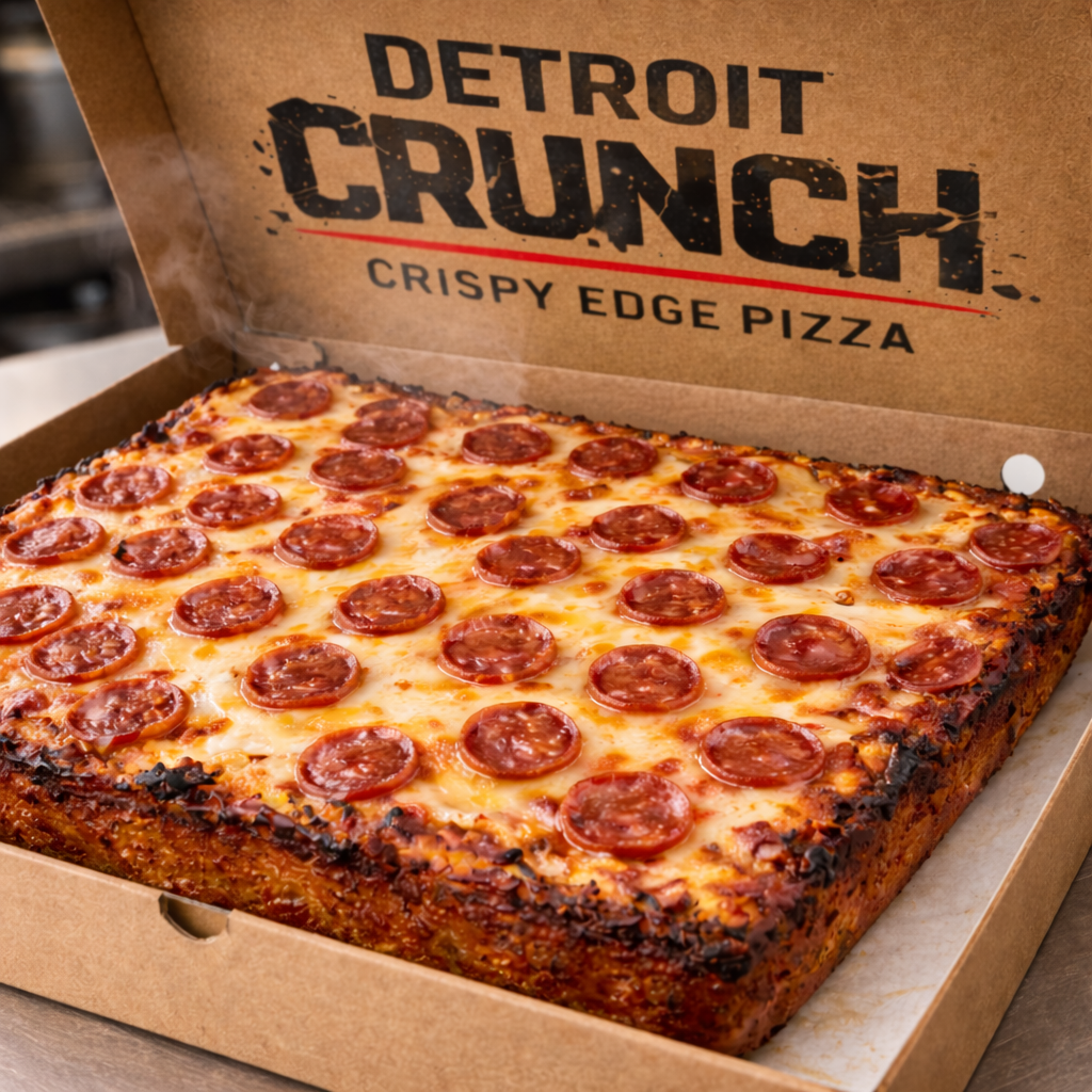 Pepperoni Crunch Slab™
Detroit Crunch pizza with crispy edges and pepperoni in cardboard box.