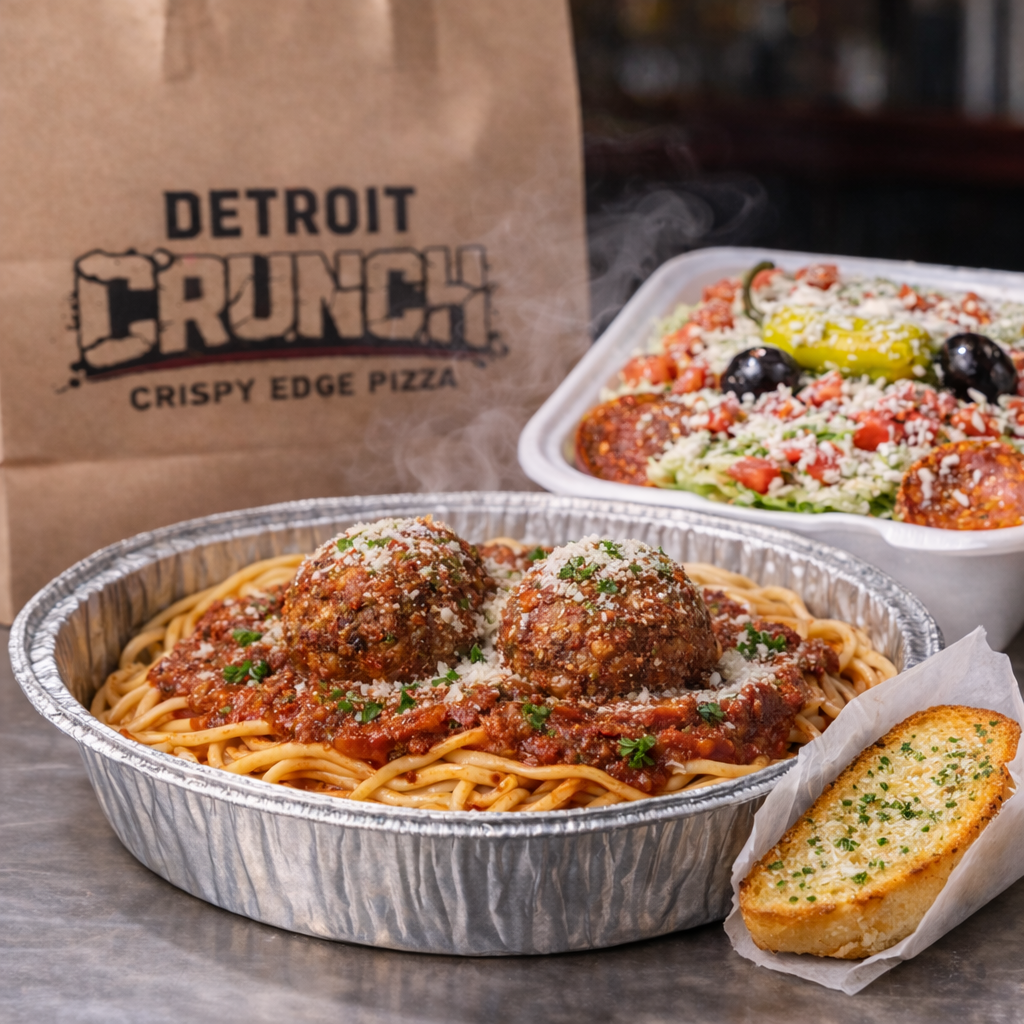 The Motor City Meatball Spaghetti Dinner
Spaghetti with meatballs, garlic bread, and salad from Detroit Crunch restaurant.