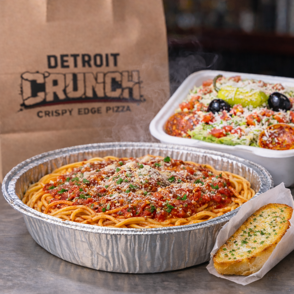 Motor City Bolognese Dinner
Spaghetti with meat sauce, salad, and garlic bread from Detroit Crunch restaurant.