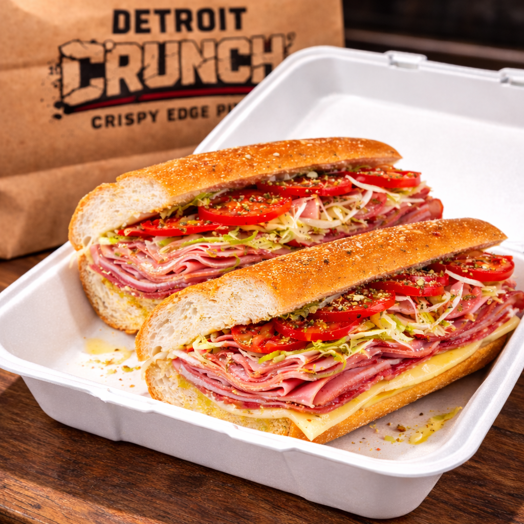 Italian Sub – The Motor City Italian
Two Detroit Crunch sub sandwiches in a white container, with deli meat, cheese, tomatoes, and lettuce.