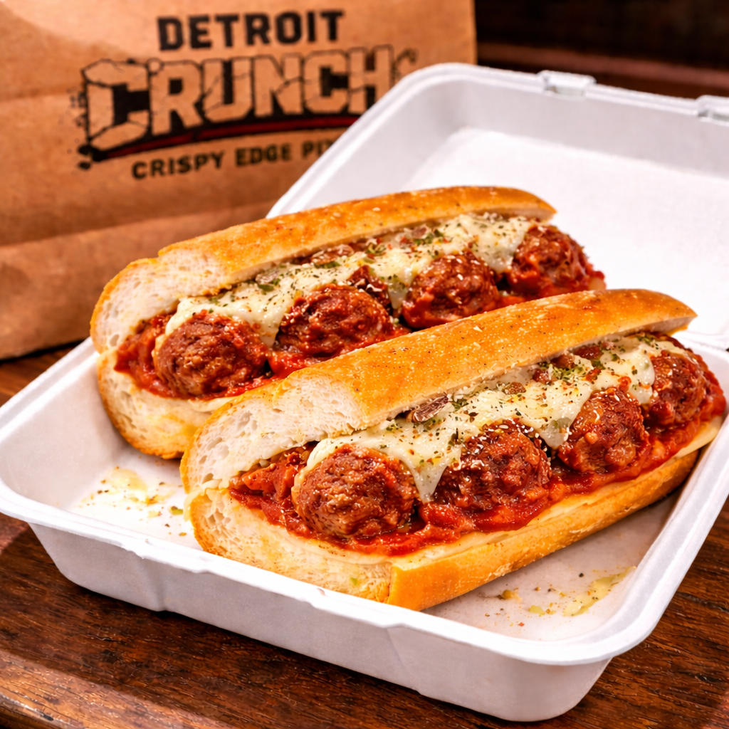 Meatball Sub -  The 8 Mile Meatball
Two meatball subs in a white takeout container, topped with melted cheese, next to a brown bag.