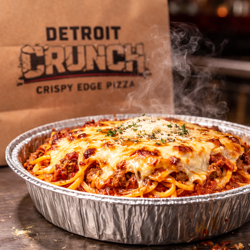 Motor City Bolognese Brick Bowl™ Pasta bake in a foil pan; steam rising. Detroit Crunch pizza bag in the background.