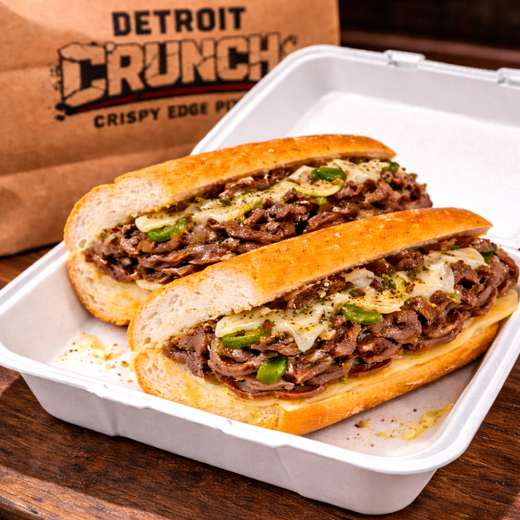 Philly Steak & Cheese – The Motor City Philly
Two cheesesteak sandwiches in a white container next to a brown Detroit Crunchy bag.