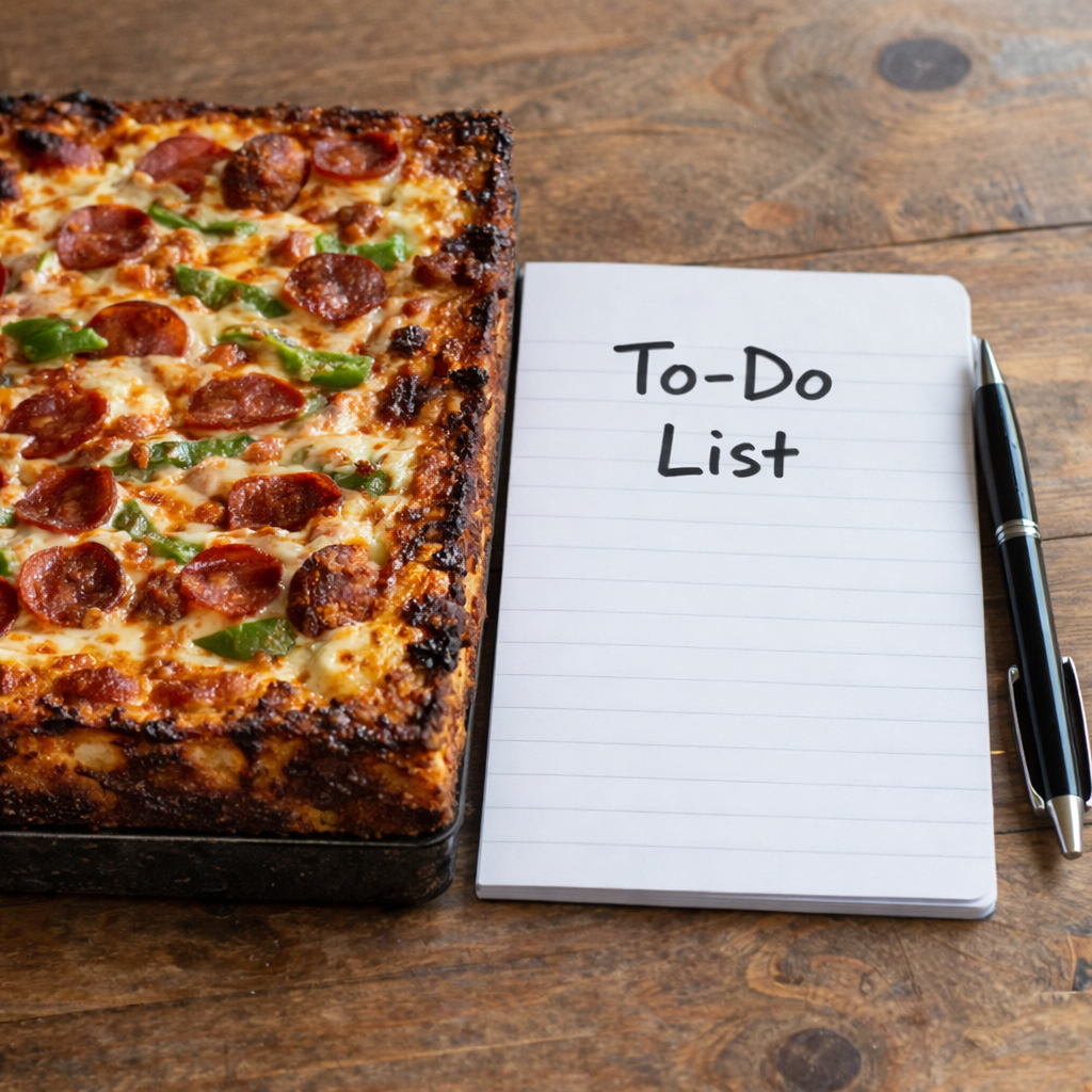 Detroit Crunch Square pizza with pepperoni and peppers next to a 