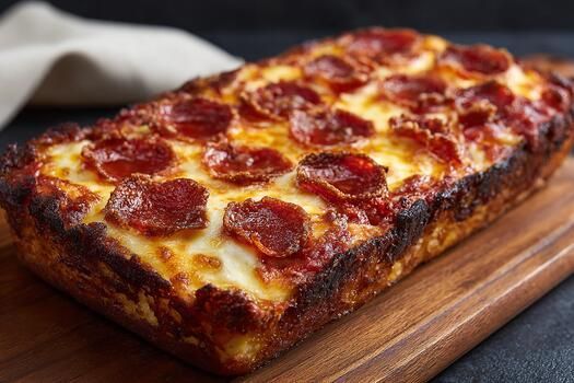 Detroit Crunch Personal Brick Pepperoni pizza in a rectangular shape, baked with melted cheese and pepperoni on a wooden board.