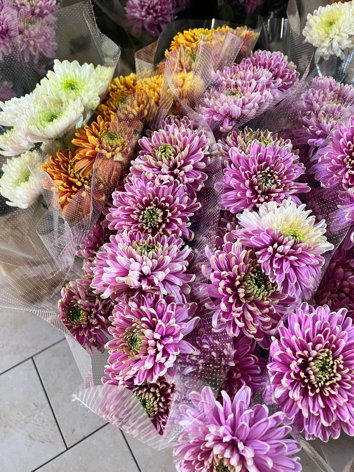 Mazzo di crisantemi dai colori vivaci, vari colori: rosa, arancione, giallo e bianco.