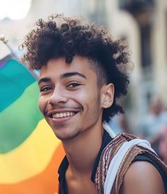 A young man is holding a rainbow flag and smiling.