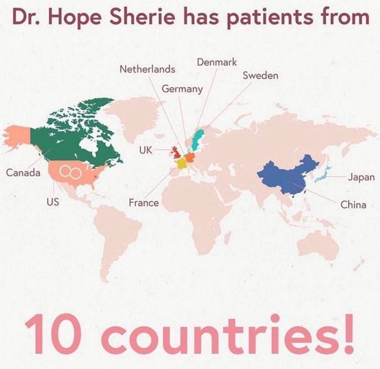 A map showing dr. hope sherie has patients from 10 countries