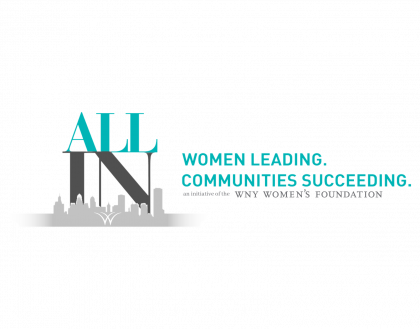 The logo for all in women leading communities succeeding.