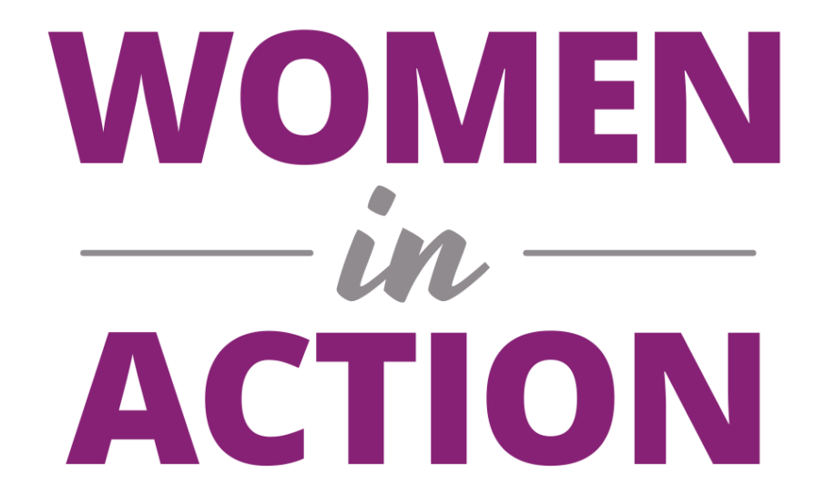 The logo for women in action is purple and white.