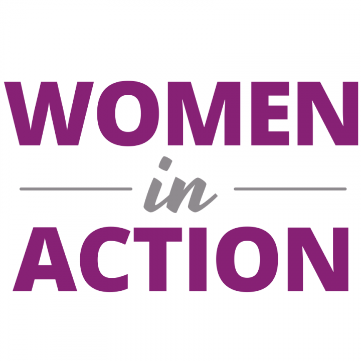 The logo for women in action is purple and white.