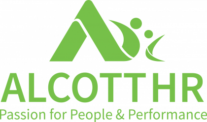 The logo for alcott hr is green and white and says passion for people and performance.