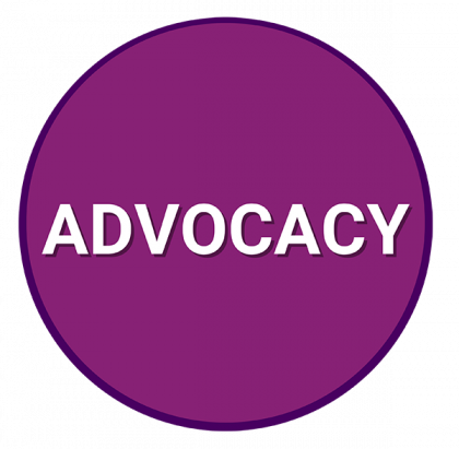 A purple circle with the word advocacy in white letters