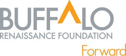 The logo for the buffalo renaissance foundation is gray and orange.