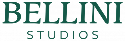The logo for bellini studios is green and white on a white background.