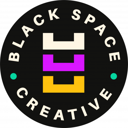 The logo for black space creative is a black circle with purple , yellow and white squares in it.