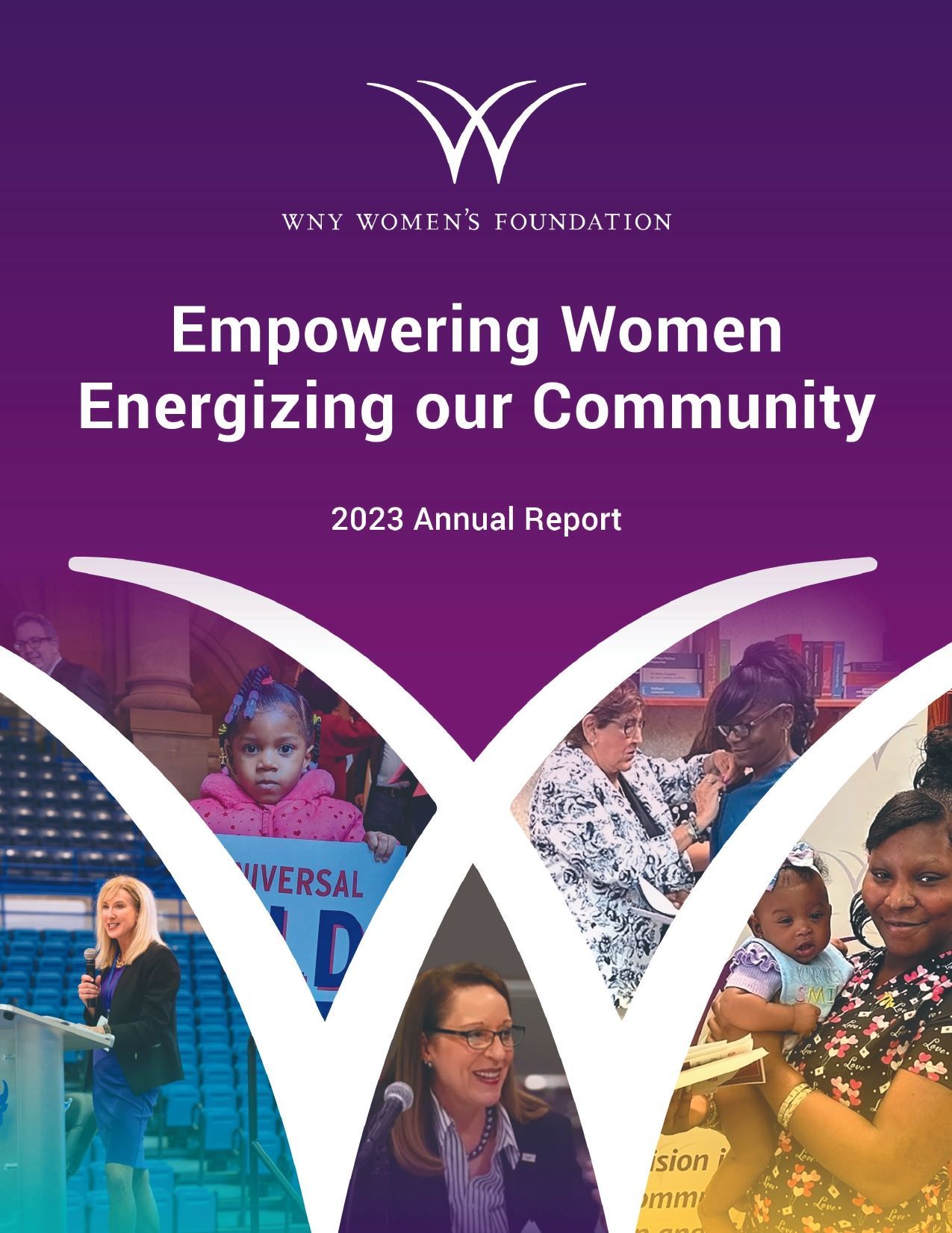 A purple cover of an annual report for empowering women energizing our community