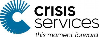The logo for crisis services is blue and black and says `` this moment forward ''.