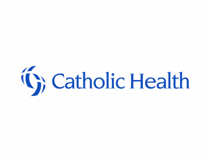 The logo for catholic health is blue and white on a white background.