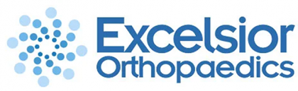 The logo for excelsior orthopaedics is blue and white.