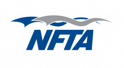 A blue and gray logo for nfta on a white background.