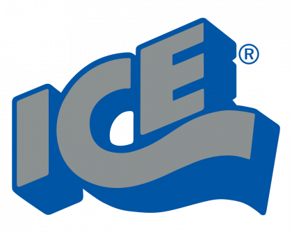 A blue and gray ice logo on a white background