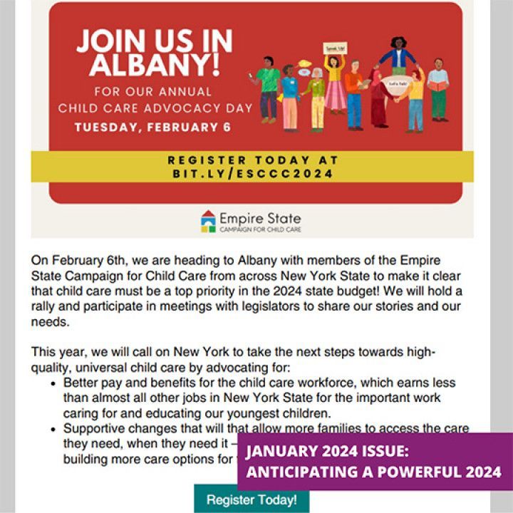 A sign that says join us in albany for our annual child care advocacy day