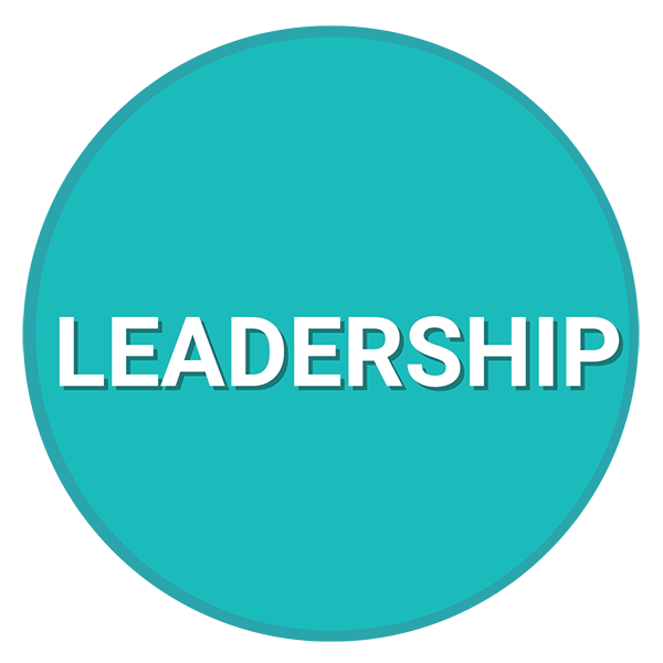 A blue circle with the word leadership in white letters