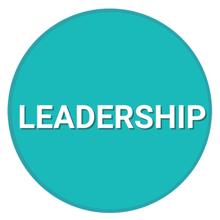 A blue circle with the word leadership in white letters