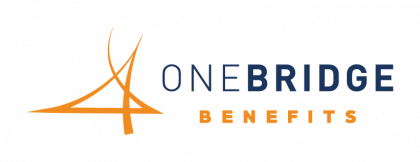 A logo for onebridge benefits with a bridge in the middle