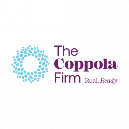 The coppola firm logo is purple and blue with a blue circle in the middle.