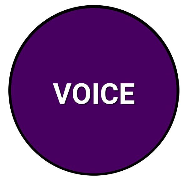 A purple circle with the word voice written inside of it.