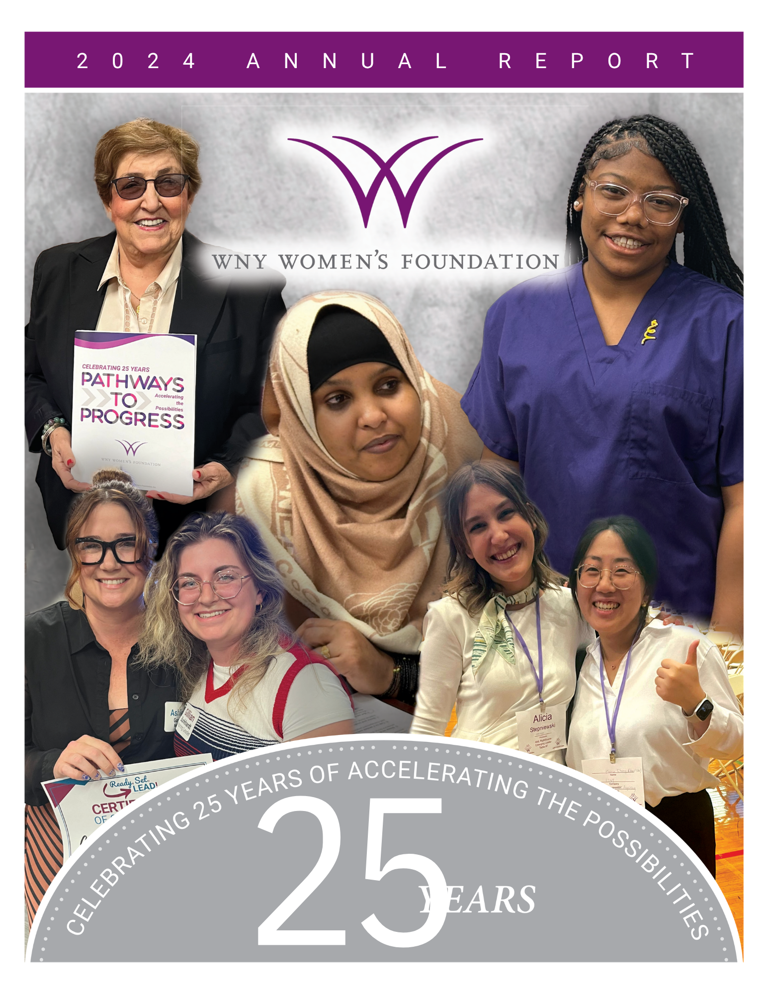 A purple cover of an annual report for empowering women energizing our community