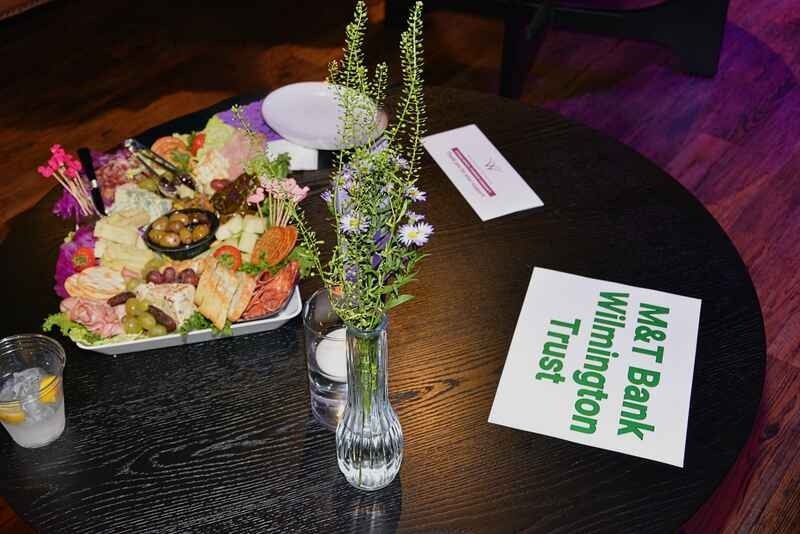 A table with a plate of food and a sign that says m & t bank wilmington trust