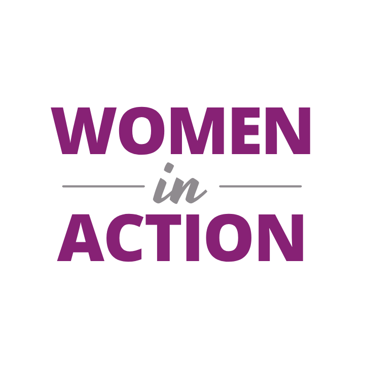 The logo for women in action is purple and white.
