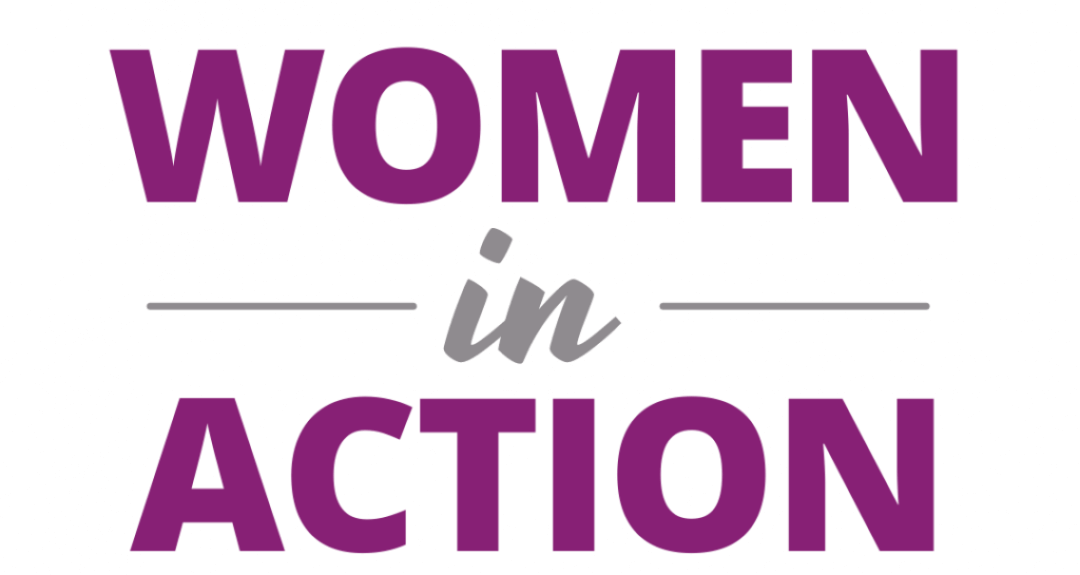 The logo for women in action is purple and white.
