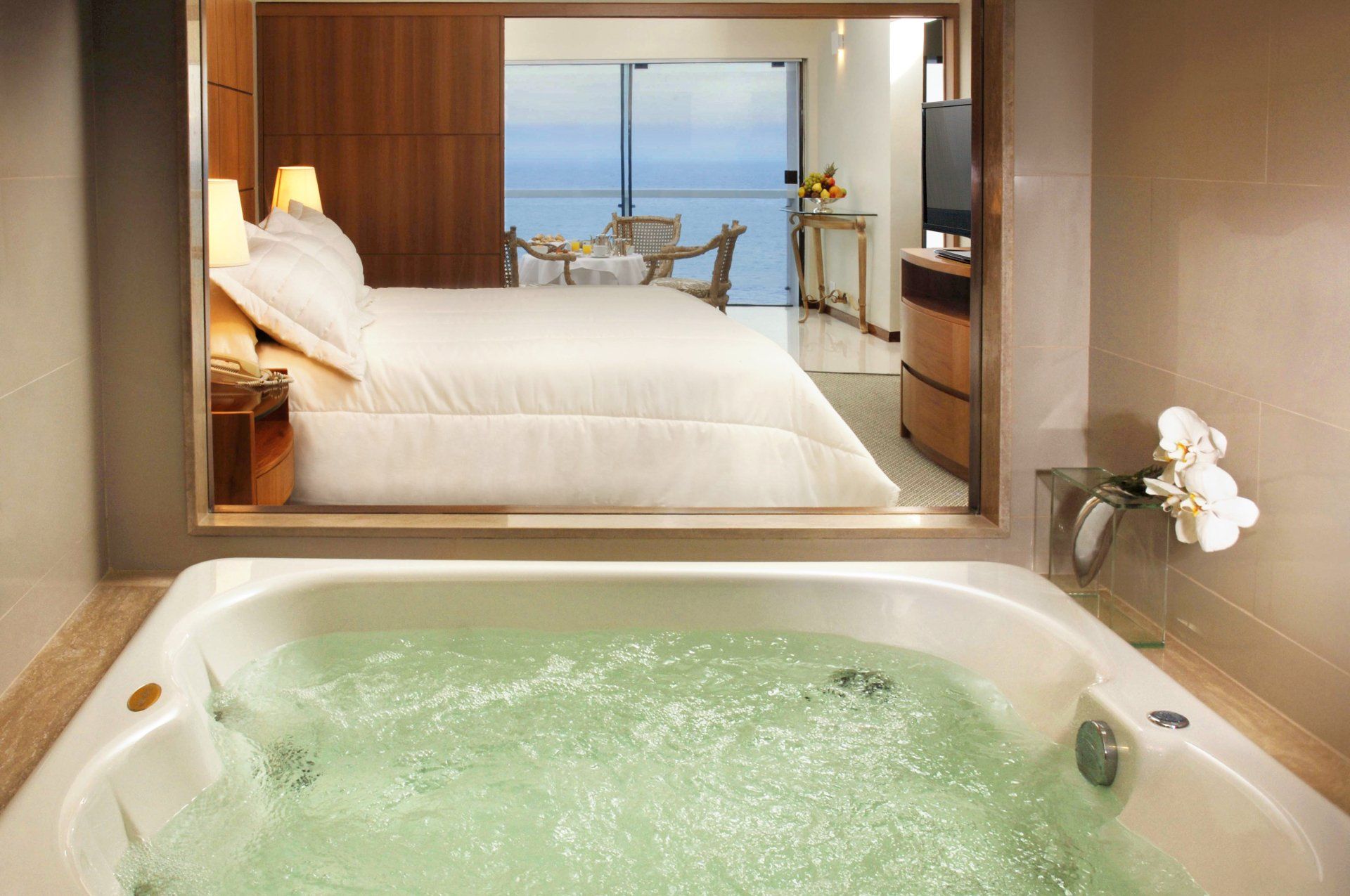 Um quarto de hotel com banheira de hidromassagem e uma cama