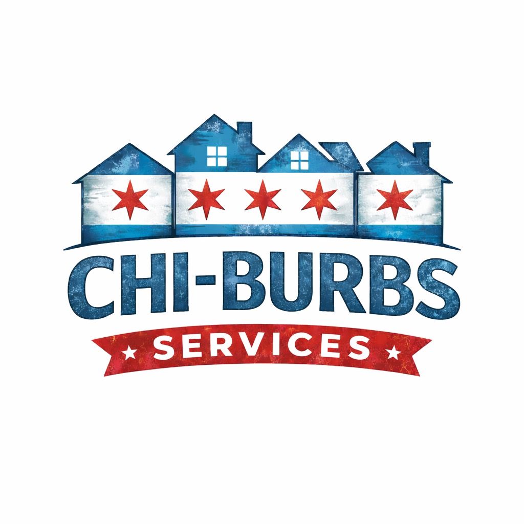 Logo: Blue houses with Chicago flag elements; "CHI-BURBS SERVICES" in text on a red banner.