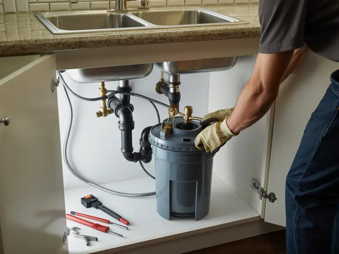 Plumber installing a gray garbage disposal under a kitchen sink with tools nearby