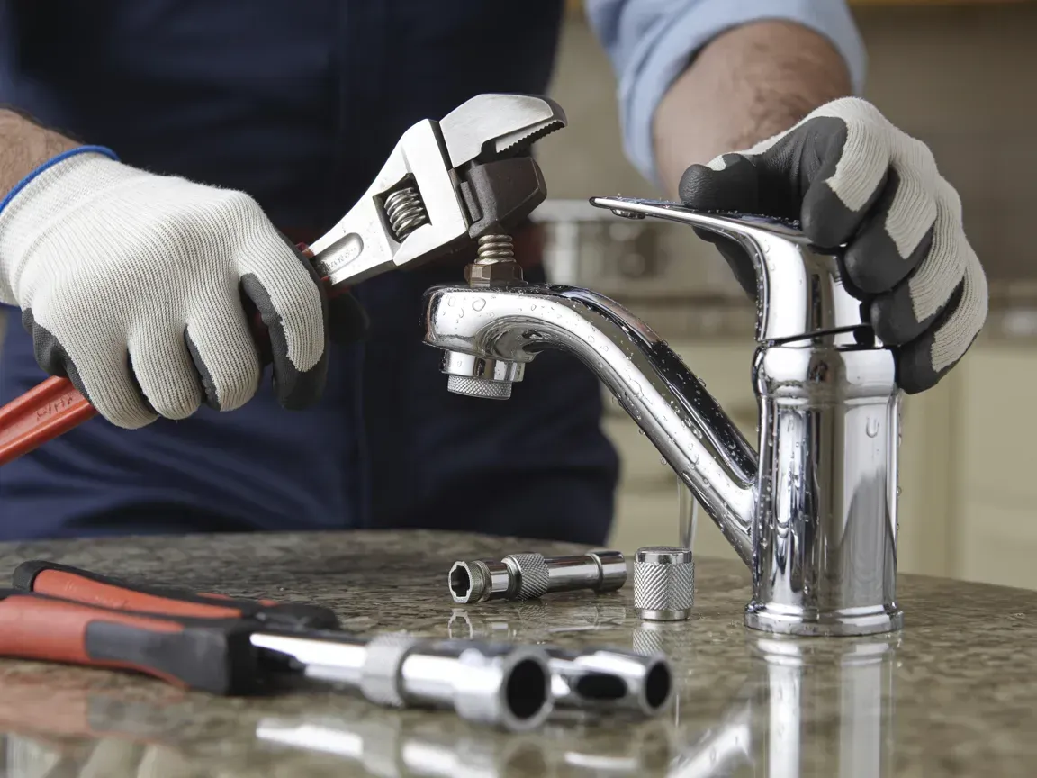 Gloved hands using a wrench to repair a chrome faucet on a countertop
