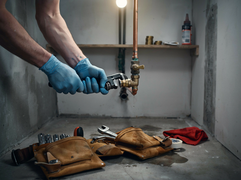 Gloved hands repairing a copper pipe under a sink, with tools and a leather tool pouch on the floor