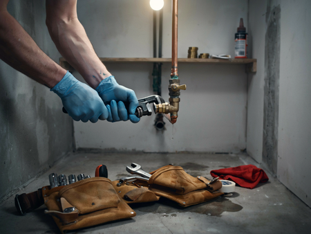 Gloved hands tightening a bathroom pipe with tools on the floor and a work light overhead