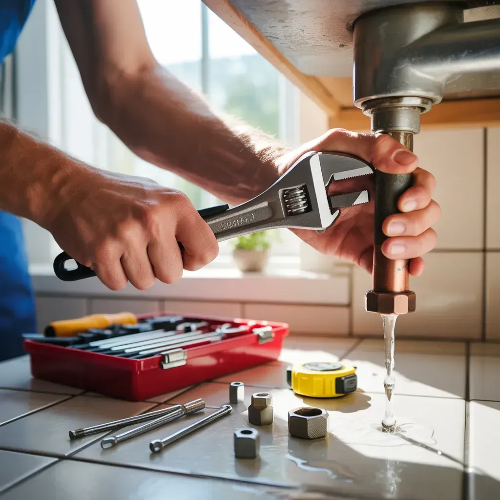 Person using a wrench to tighten a pipe under a sink, with tools on a tiled countertop.