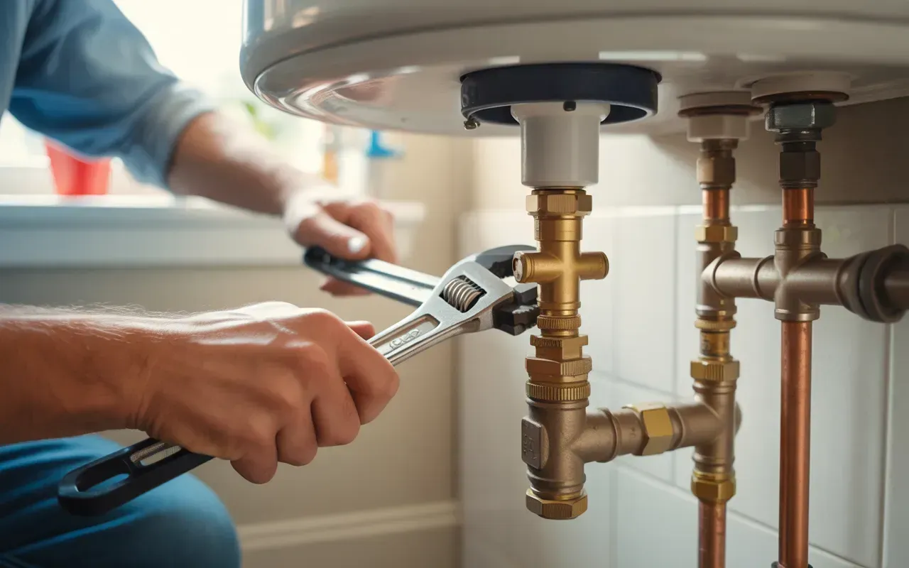 Hands using a wrench to tighten copper pipes under a sink.