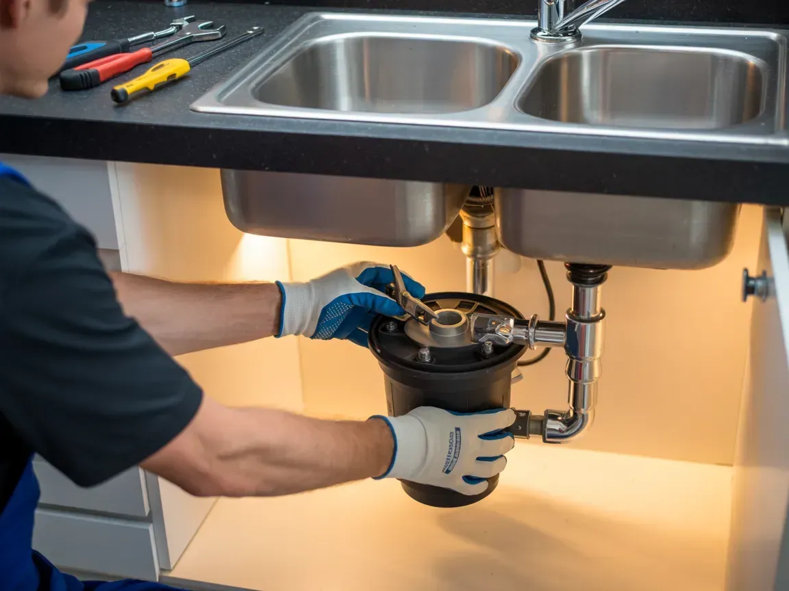 Plumber repairing a sink drain under a stainless steel kitchen sink, wearing gloves.