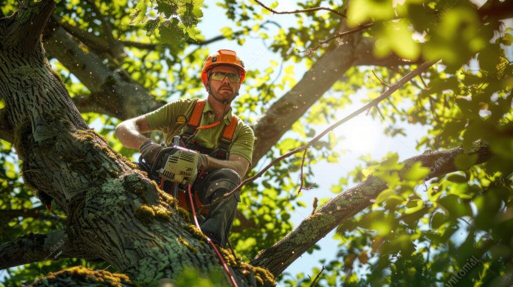 Arborist in an orange helmet sits on a tree branch, using a chainsaw. Sun shines through leaves.